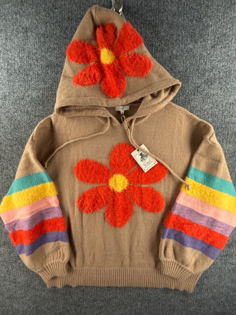 NWT Easel Sweater Beige Colorful Floral Soft Acrylic Blend Large Knit Hooded - Picture 1 of 15